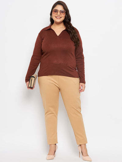 Coffee Collar Neck Solid Top with long sleeves, made of polyester, cotton, and elastane.