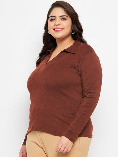 Coffee collar neck solid top made of polyester, cotton, and elastane in a casual style.