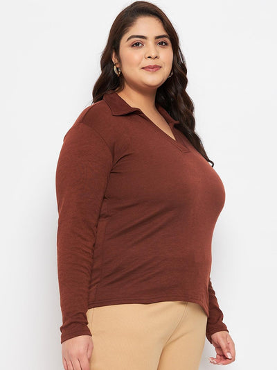 Coffee collar neck solid top made from polyester, cotton, and elastane.