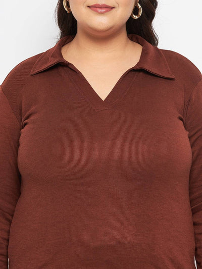 Coffee collar neck solid top made of polyester, cotton, and elastane.