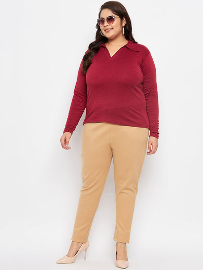 Maroon collar neck solid top made from polyester, cotton, and elastane.