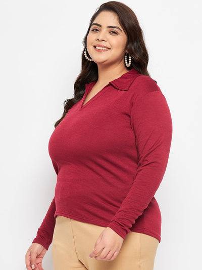 Maroon collar neck solid top with long sleeves.