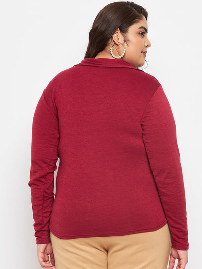Maroon Collar Neck Solid Top made of polyester, cotton, and elastane.