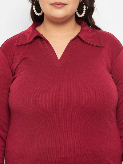 Maroon collar neck solid top with long sleeves made of polyester, cotton, and elastane blend.