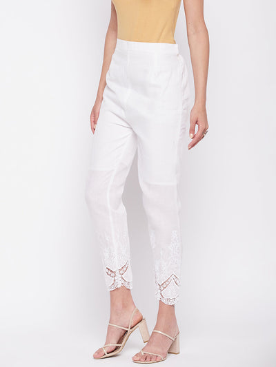 White Solid Cotton Embroidered Pant