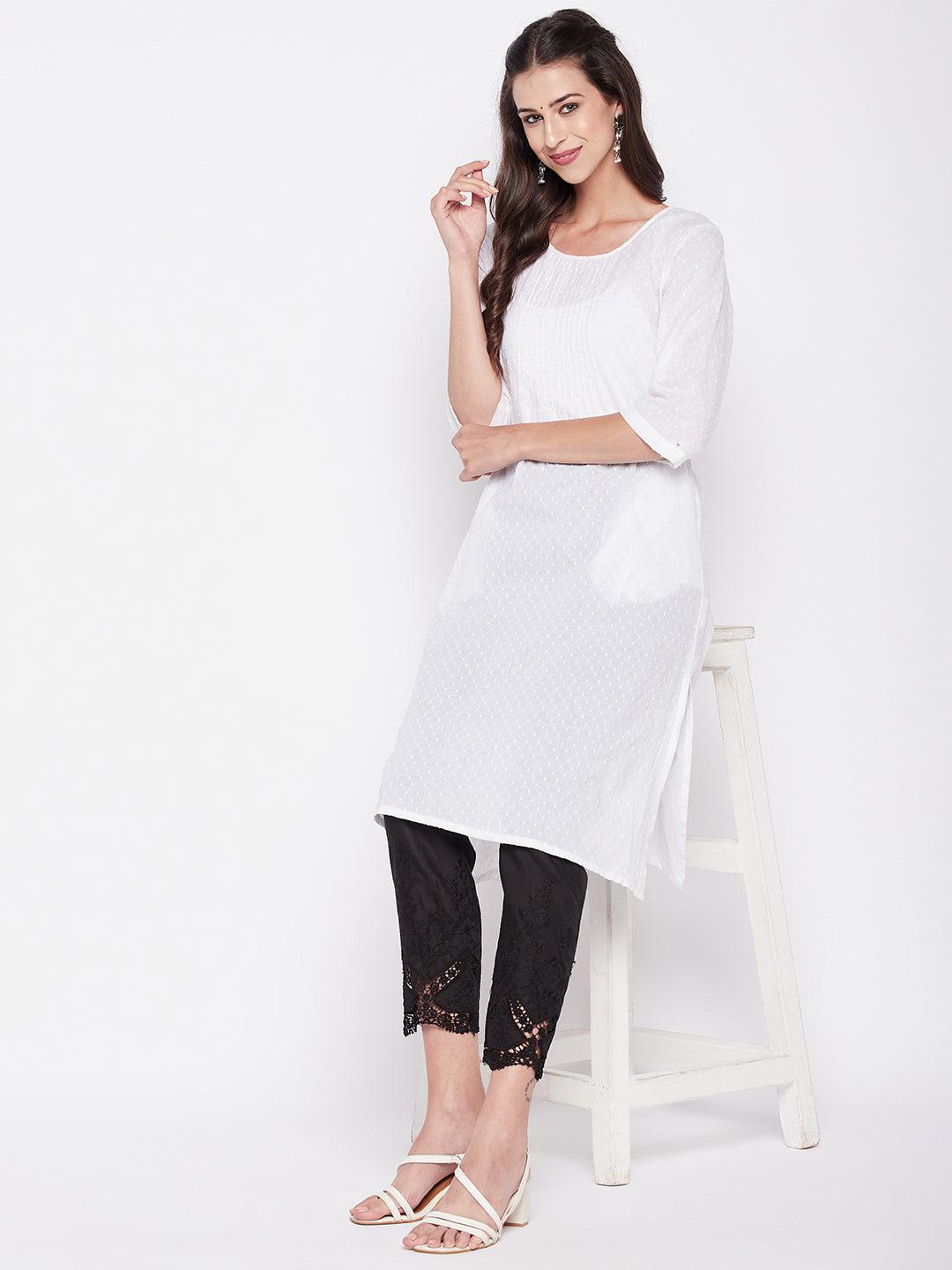 Black Solid Cotton Embroidered Pant