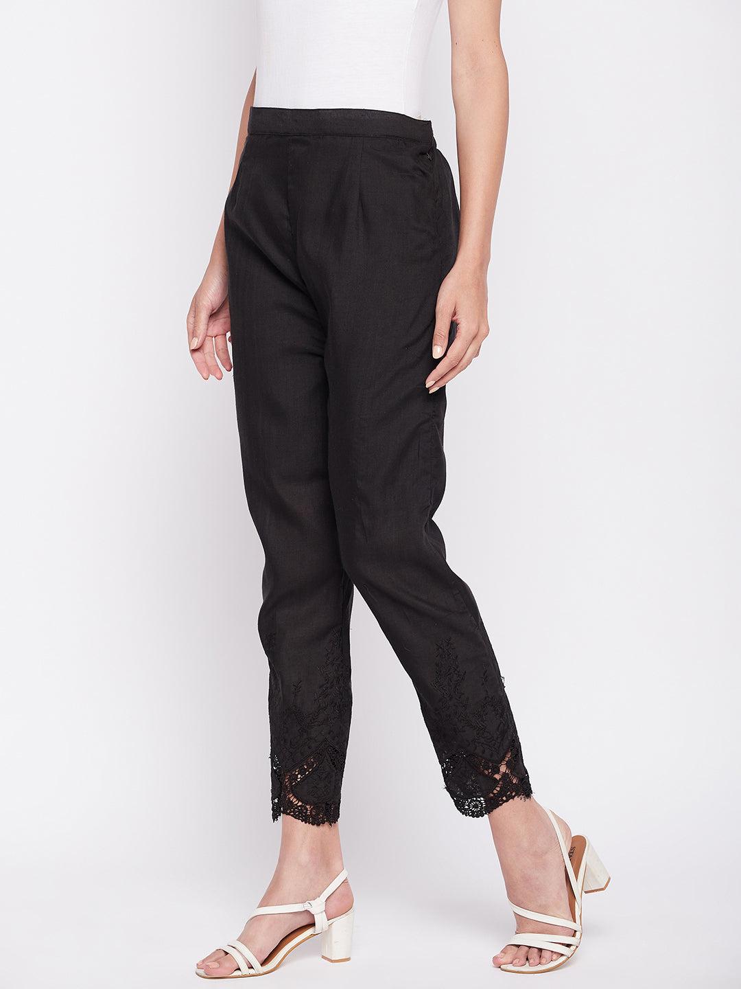 Black Solid Cotton Embroidered Pant