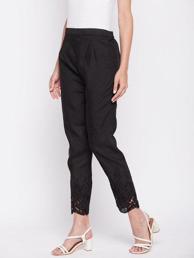 Black Solid Cotton Embroidered Pant