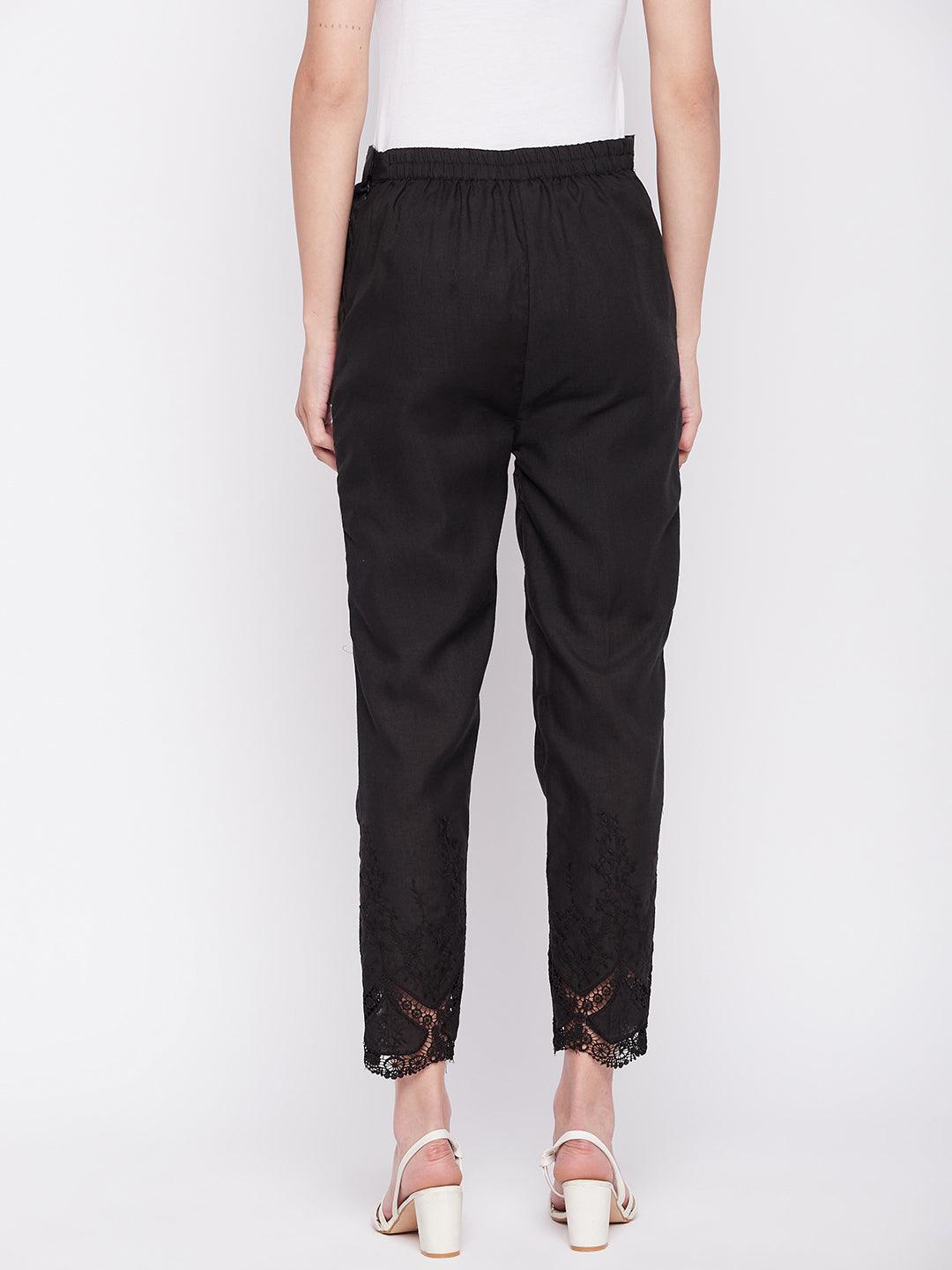 Black Solid Cotton Embroidered Pant
