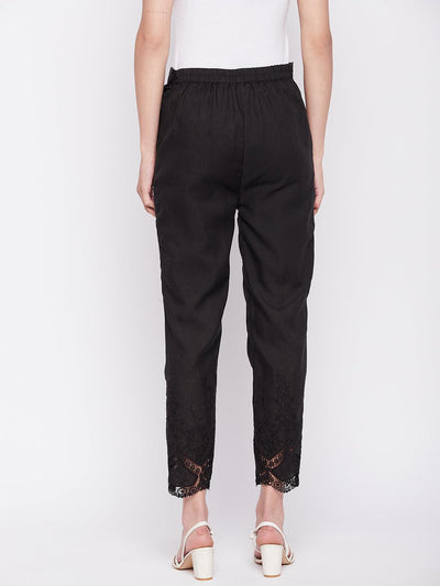 Black Solid Cotton Embroidered Pant