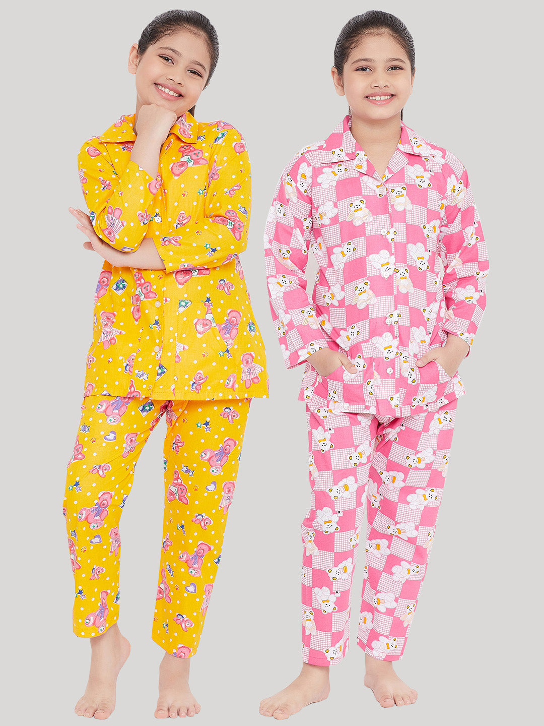 Kydzi Mustard & Pink Printed Rayon Nightsuit (Pack of 2)