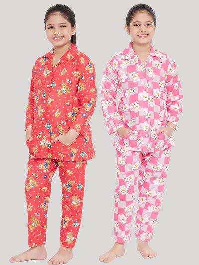 Kydzi Peach & Pink Printed Rayon Nightsuit (Pack of 2)