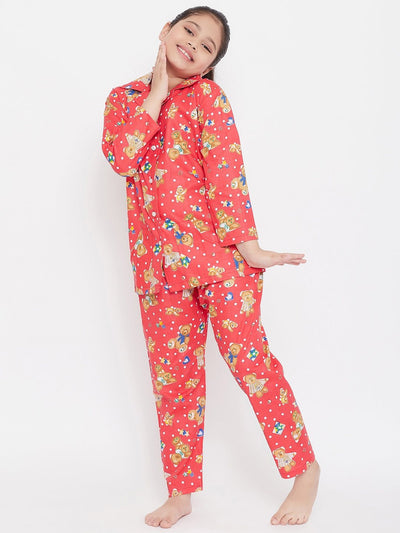 Peach & Purple Printed Rayon Nightsuit Pack for kids.