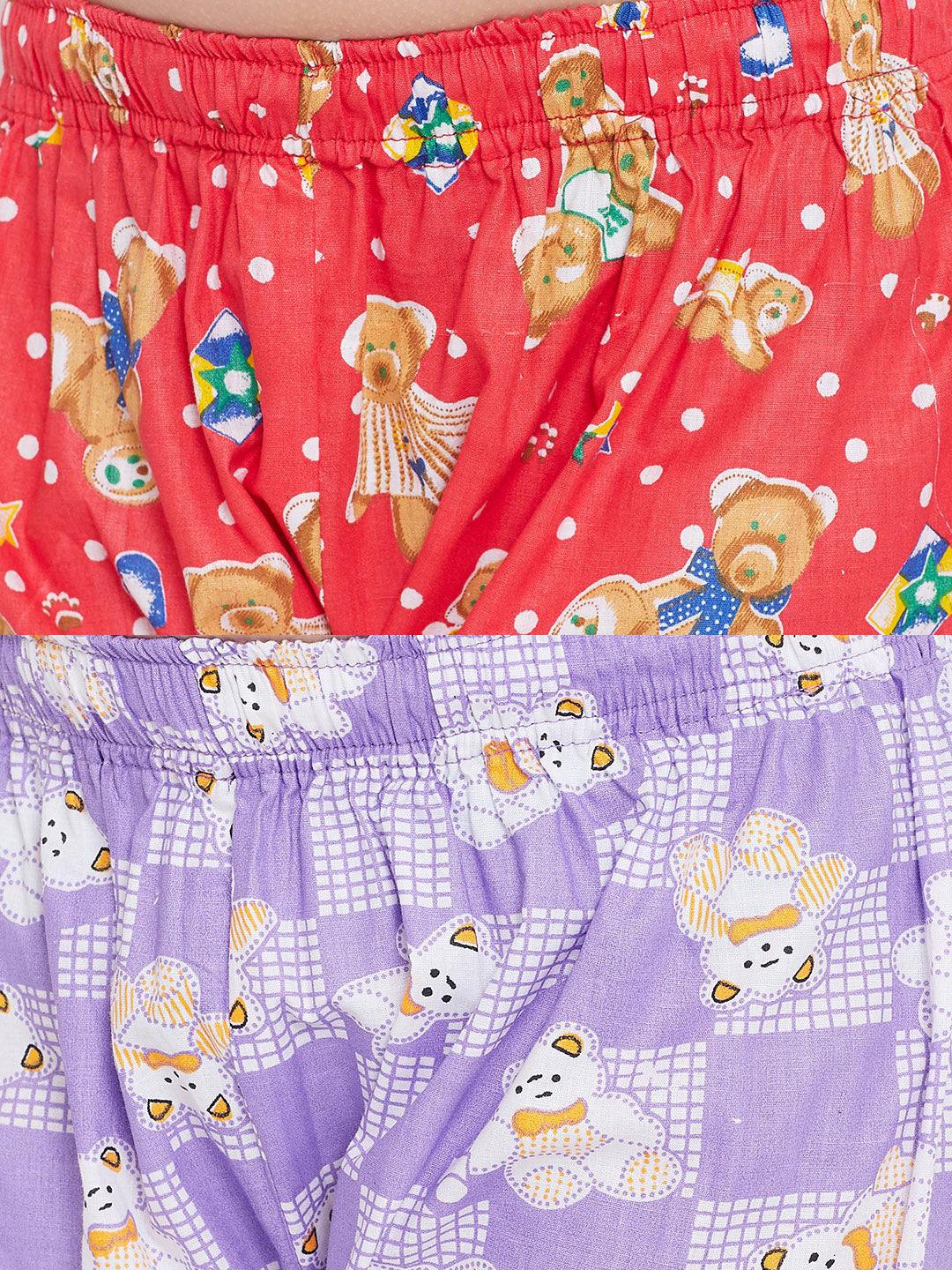 Peach and purple printed rayon nightsuit pack with teddy bear designs.