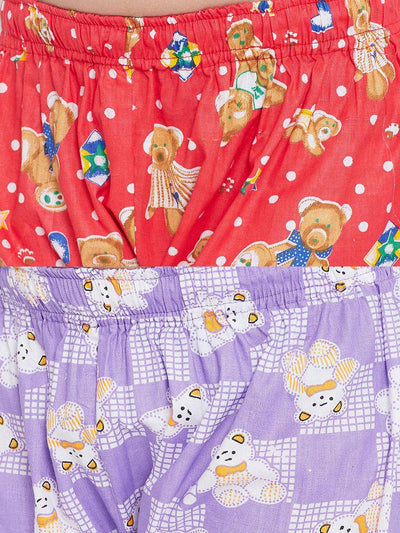 Peach and purple printed rayon nightsuit pack with teddy bear designs.