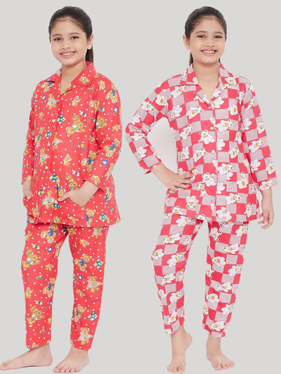 Kydzi Peach & Red Printed Rayon Nightsuit (Pack of 2)