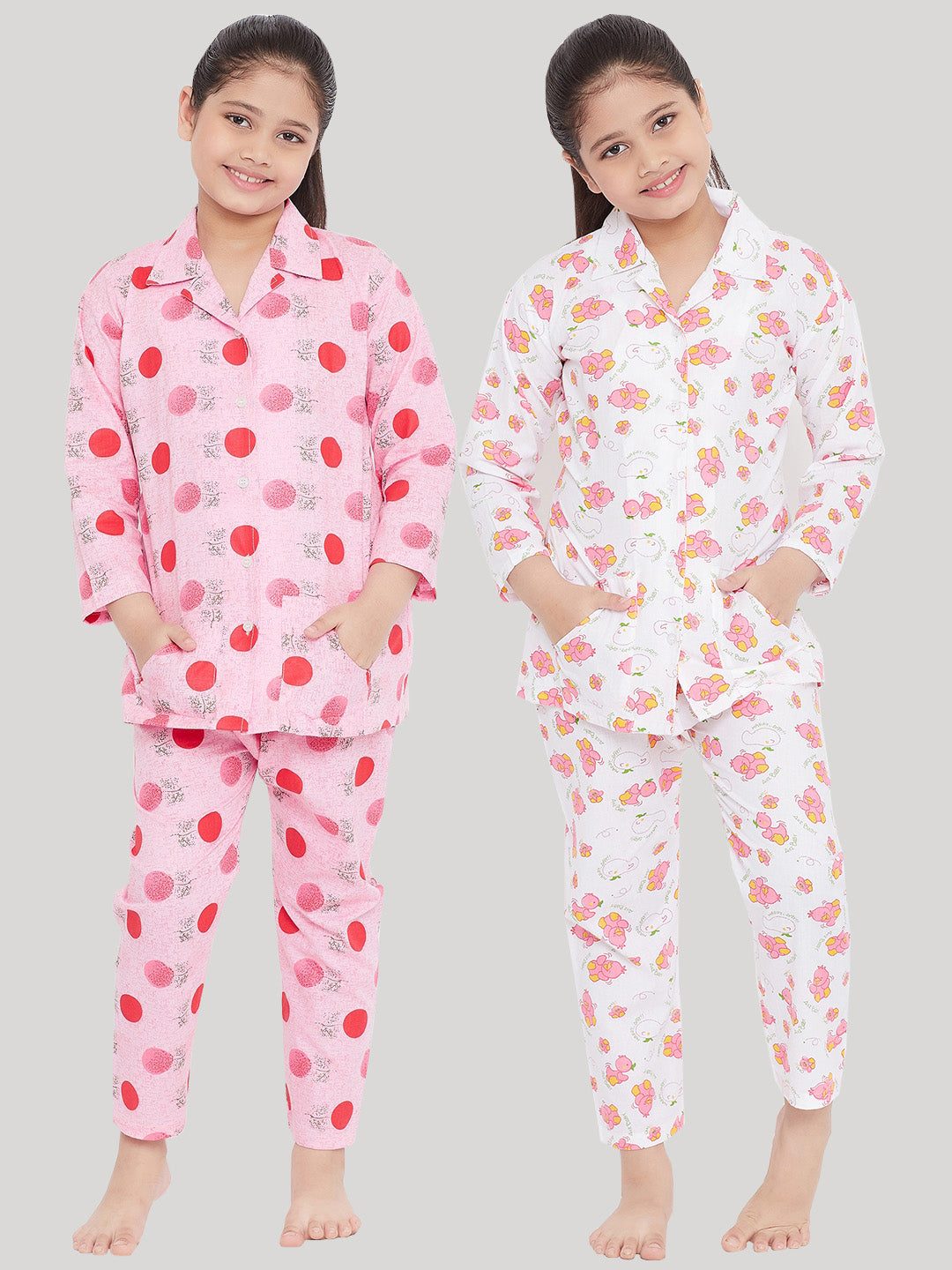 Kydzi Pink & White Printed Rayon Nightsuit (Pack of 2)