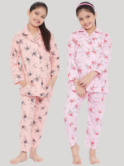 Kydzi Peach & Pink Printed Rayon Nightsuit (Pack of 2)