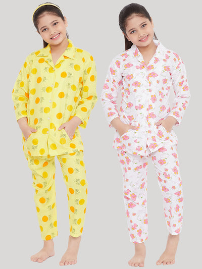 Kydzi Yellow & White Printed Rayon Nightsuit (Pack of 2)