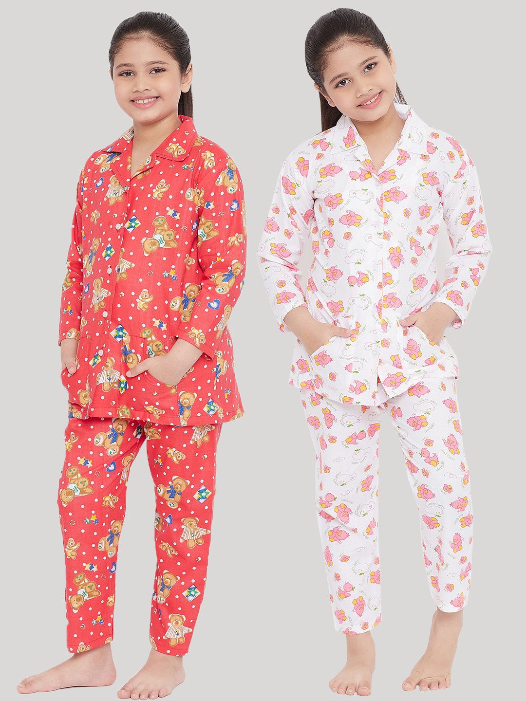 Kydzi Peach & White Printed Rayon Nightsuit (Pack of 2)