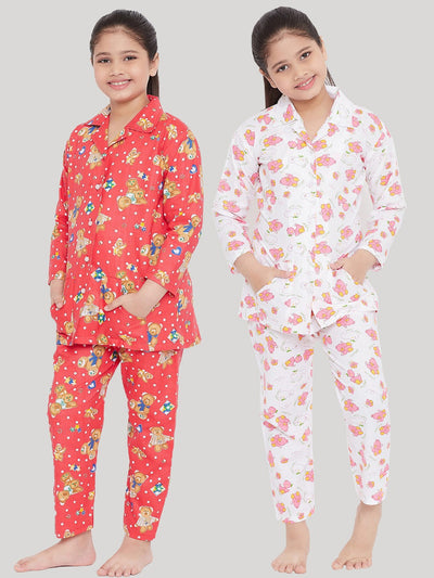Kydzi Peach & White Printed Rayon Nightsuit (Pack of 2)