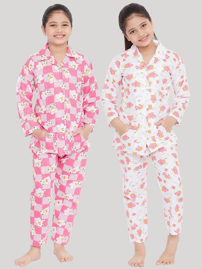 Kydzi Pink & White Printed Rayon Nightsuit (Pack of 2)