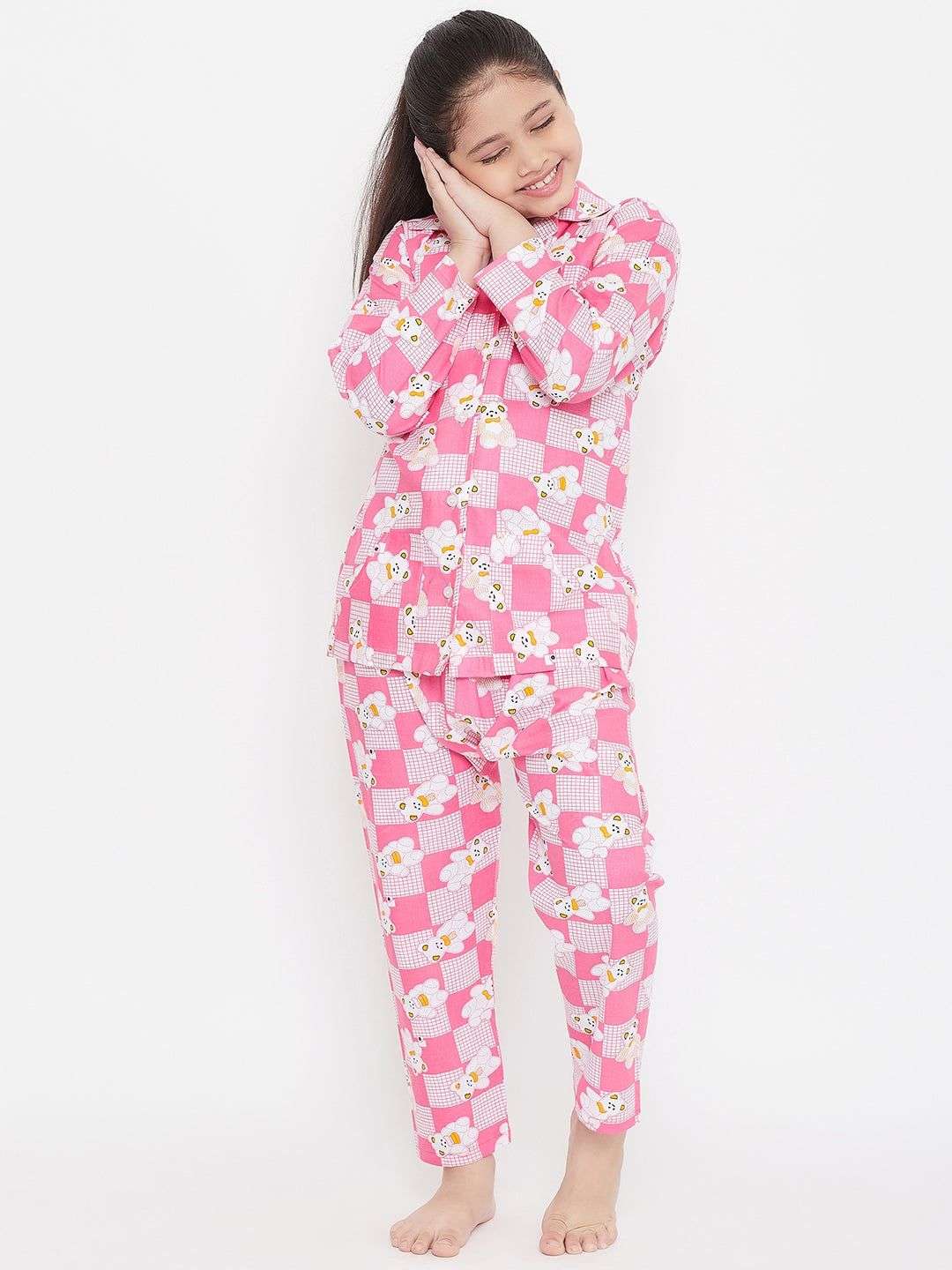 Kydzi Pink & White Printed Rayon Nightsuit (Pack of 2)