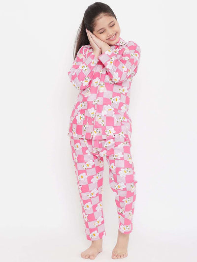Kydzi Pink & White Printed Rayon Nightsuit (Pack of 2)
