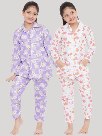 Kydzi Purple & White Printed Rayon Nightsuit (Pack of 2)