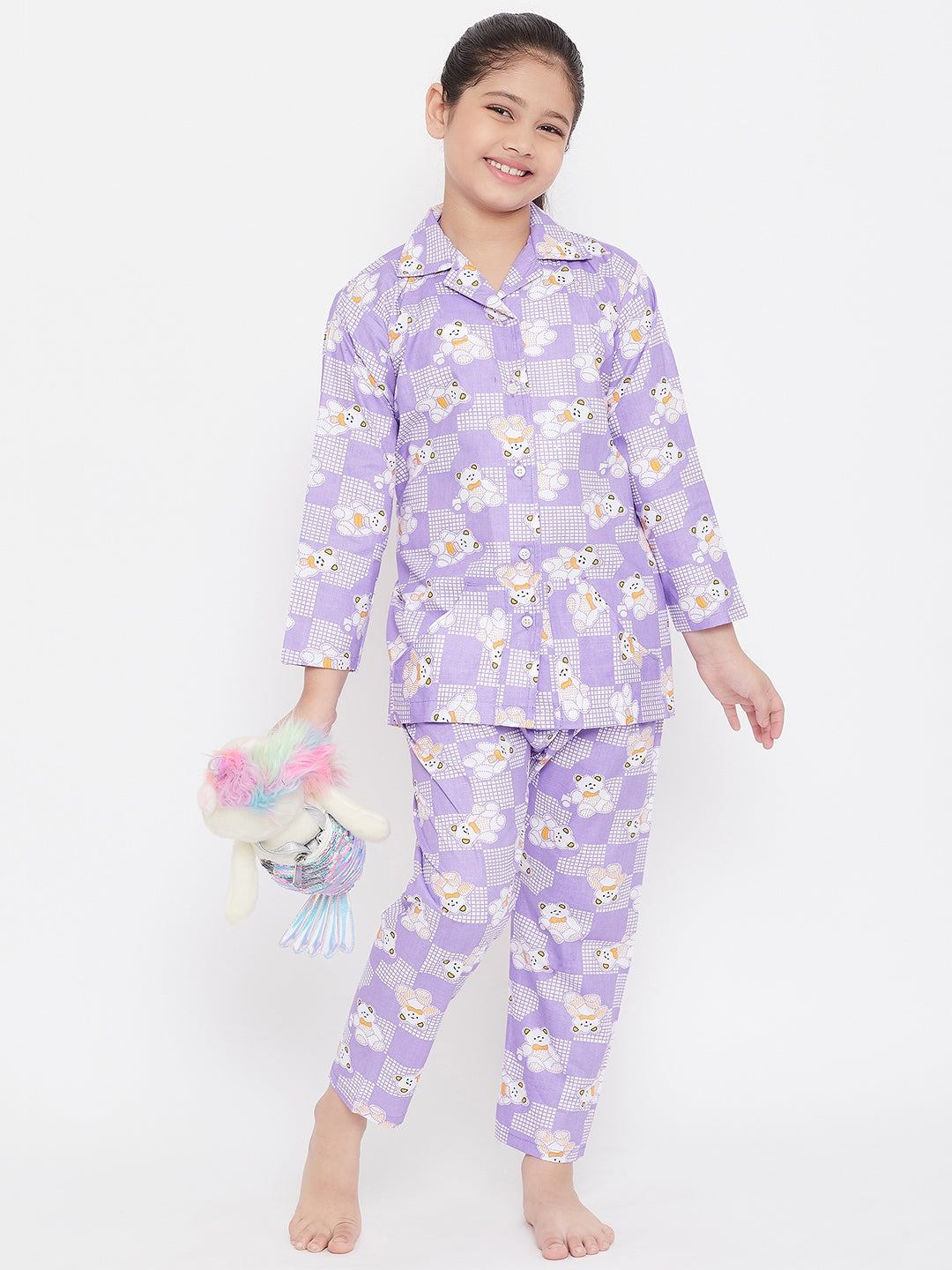 Kydzi Purple & White Printed Rayon Nightsuit (Pack of 2)