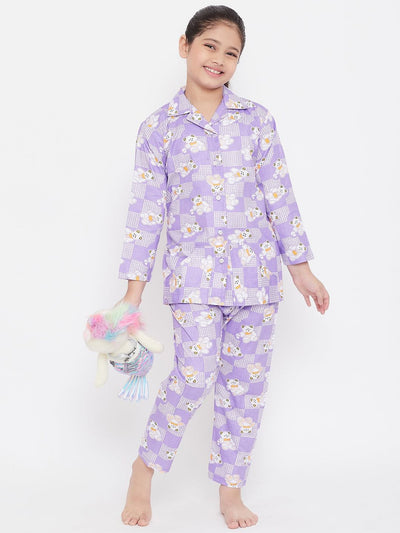 Kydzi Purple & White Printed Rayon Nightsuit (Pack of 2)