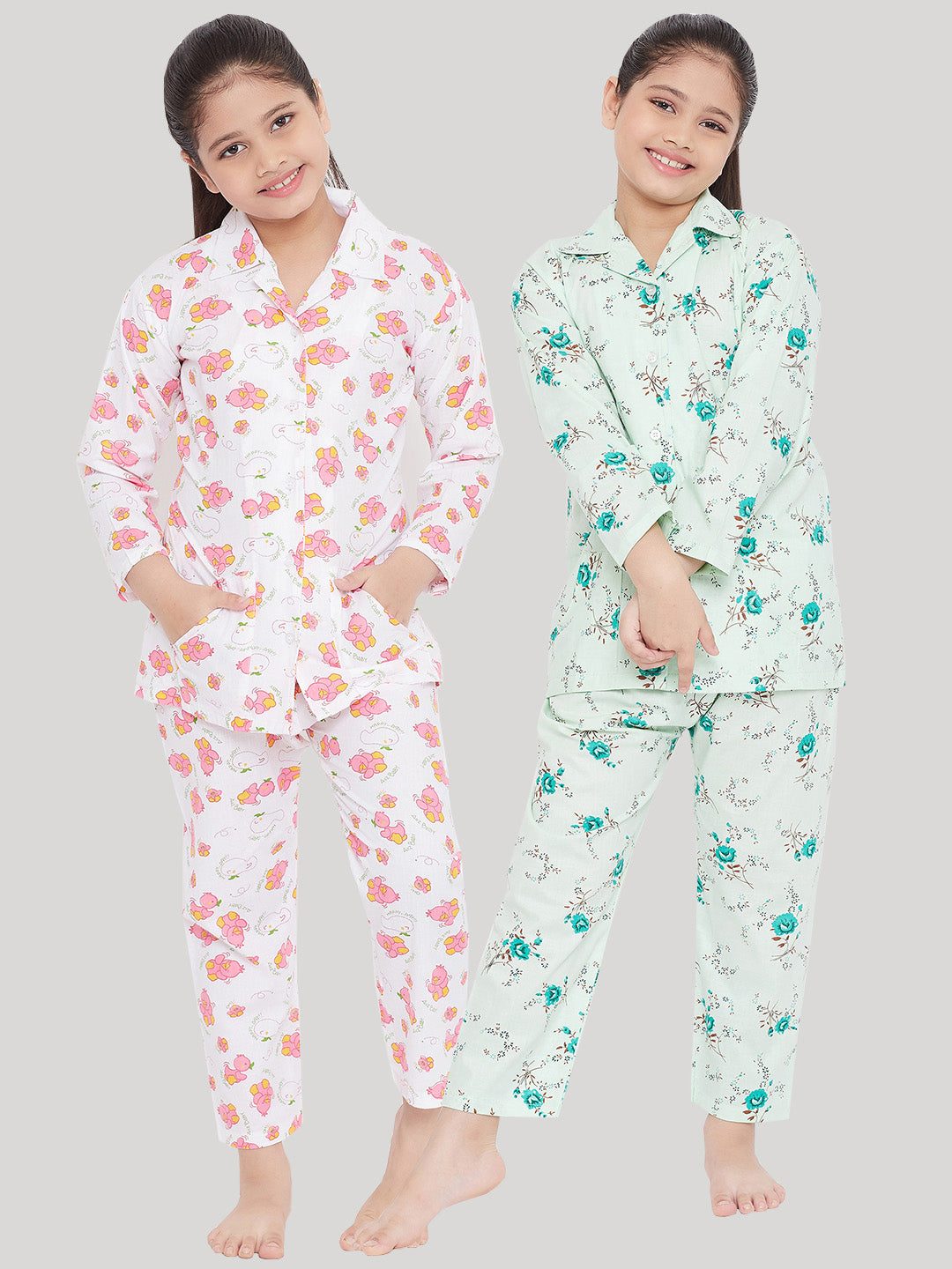 Kydzi White & Green Printed Rayon Nightsuit (Pack of 2)