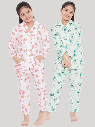Kydzi White & Green Printed Rayon Nightsuit (Pack of 2)