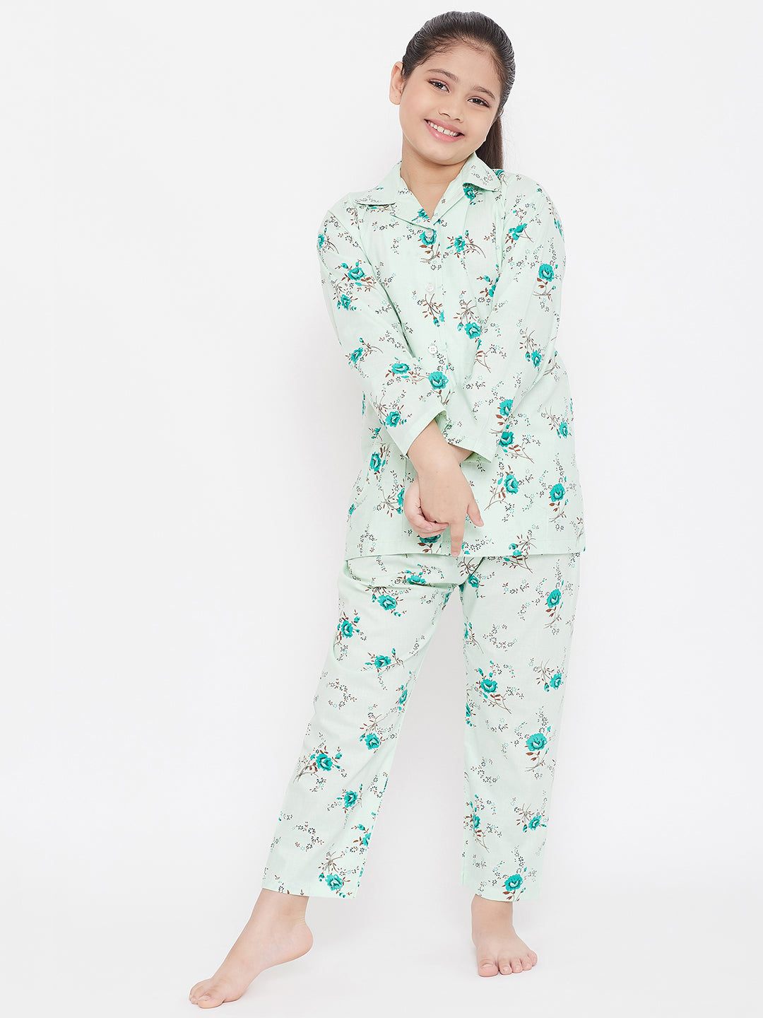 Kydzi White & Green Printed Rayon Nightsuit (Pack of 2)