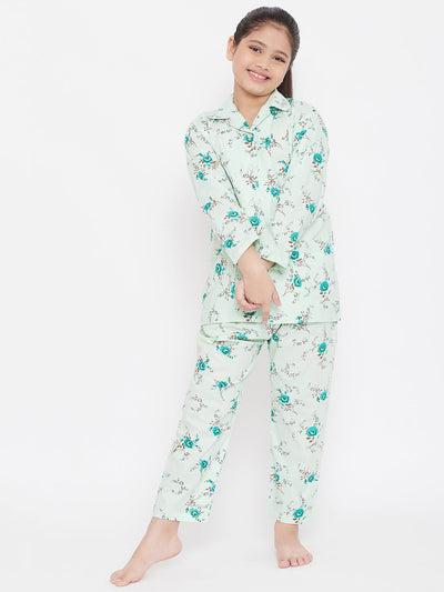 Kydzi White & Green Printed Rayon Nightsuit (Pack of 2)