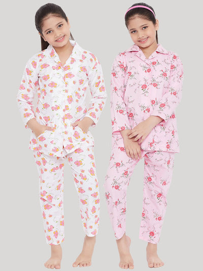 White and pink printed rayon night suit pack of 2 for kids.