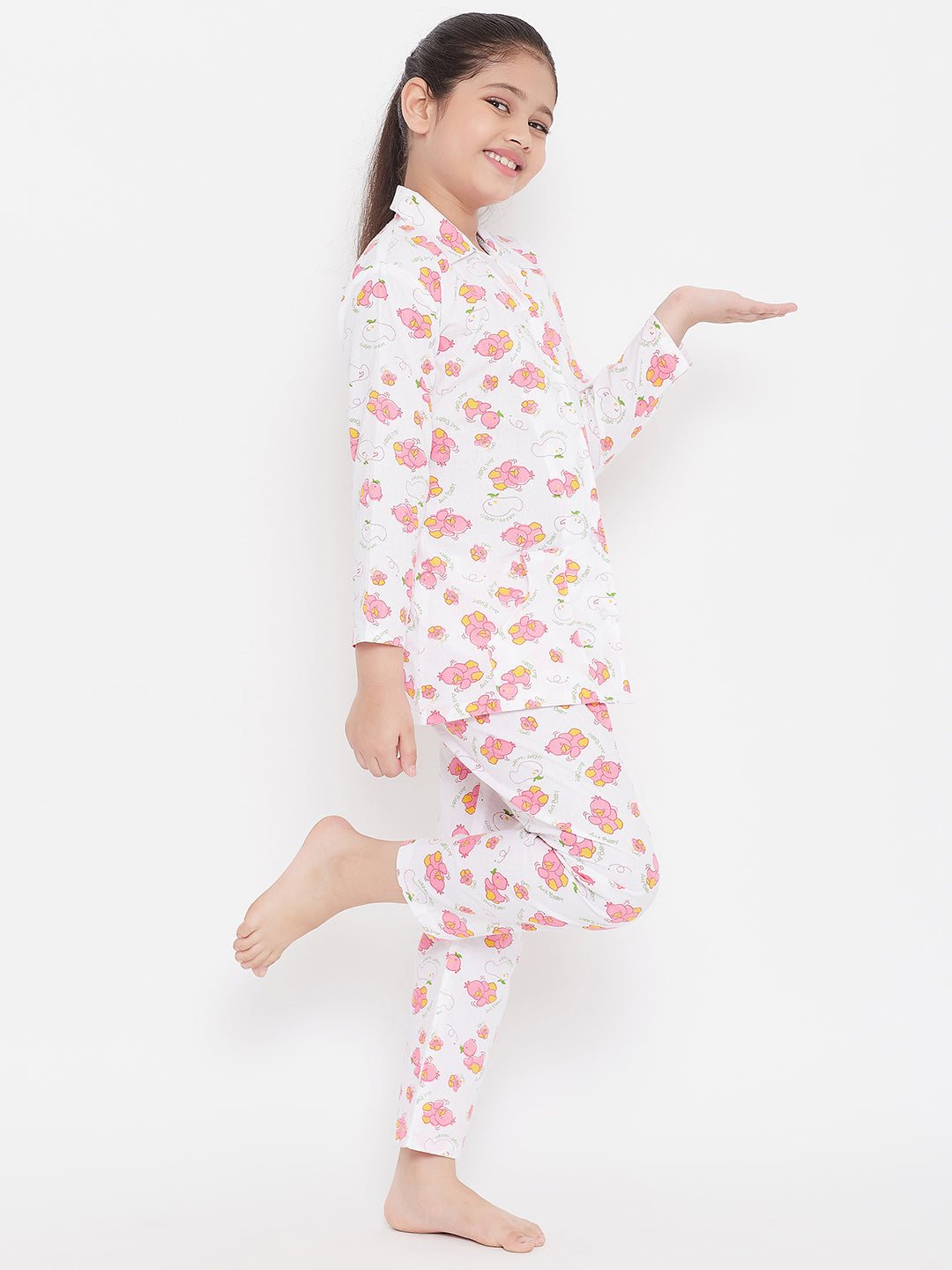 White and pink printed rayon night suit pack of 2, featuring floral designs.