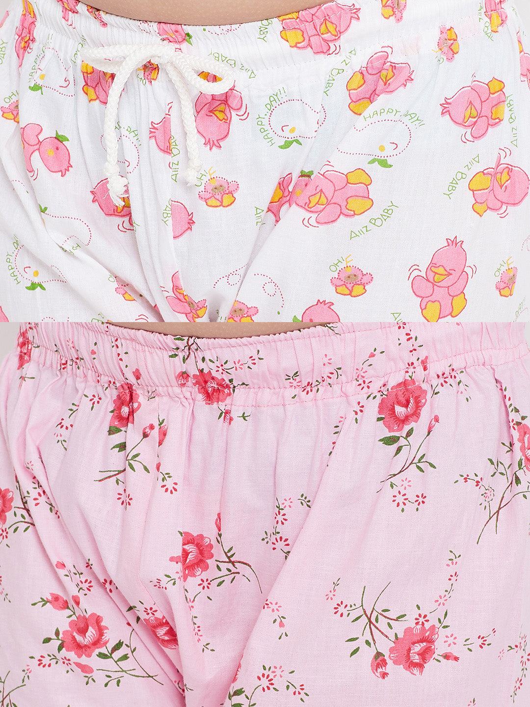 White and pink printed rayon night suit pack of 2.