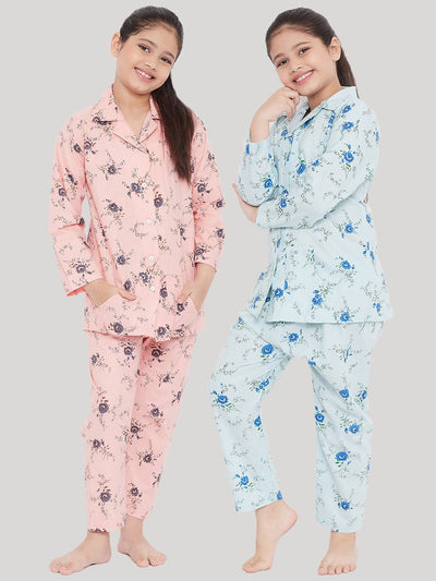 Kydzi Peach & Blue Printed Rayon Nightsuit (Pack of 2)