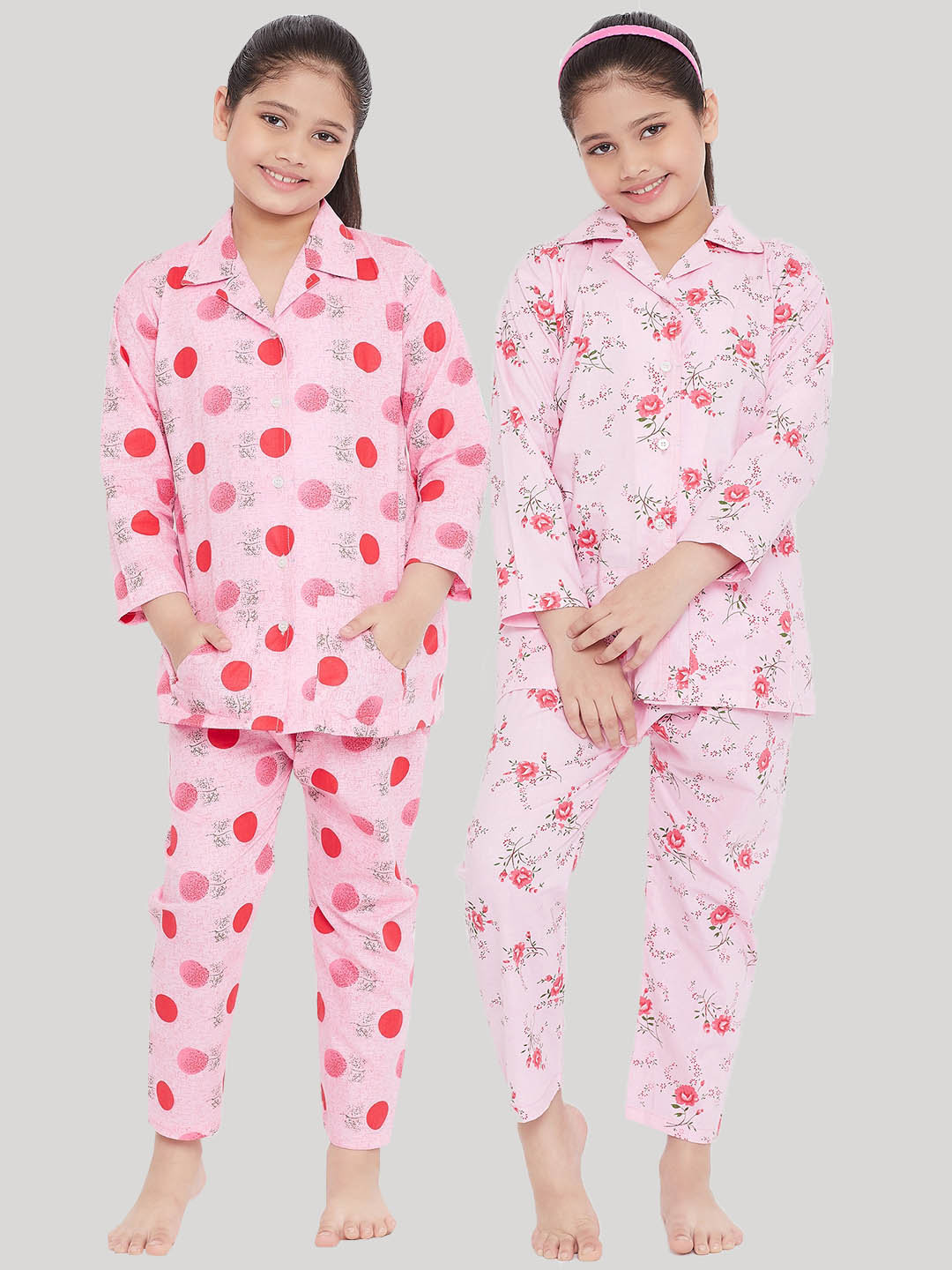 Kydzi Pink & Pink Printed Rayon Nightsuit (Pack of 2)