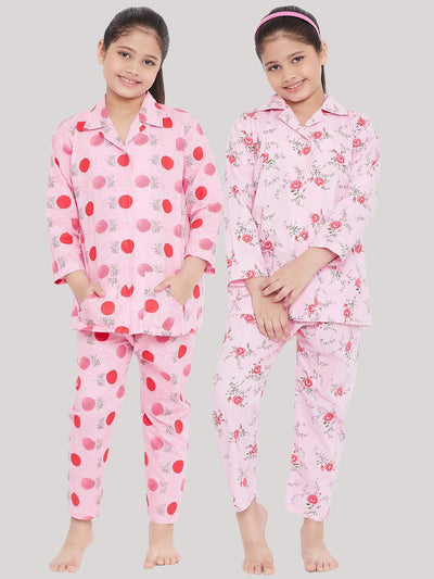 Kydzi Pink & Pink Printed Rayon Nightsuit (Pack of 2)