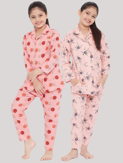 Peach & Peach printed rayon nightsuit pack, featuring polka dot and floral designs.