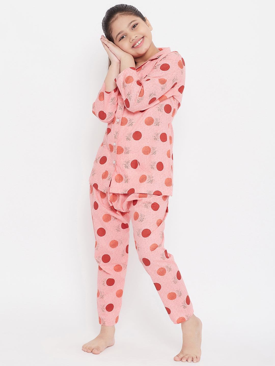 Peach & Peach printed rayon nightsuit pack of 2 with polka dot pattern.