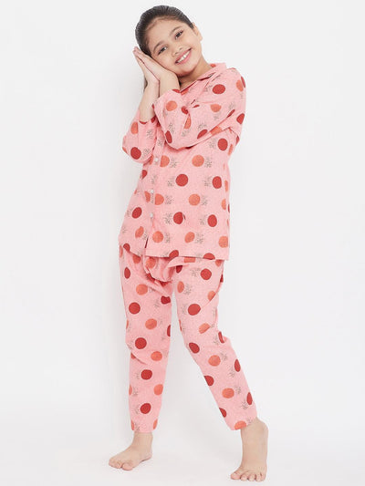 Peach & Peach printed rayon nightsuit pack of 2 with polka dot pattern.
