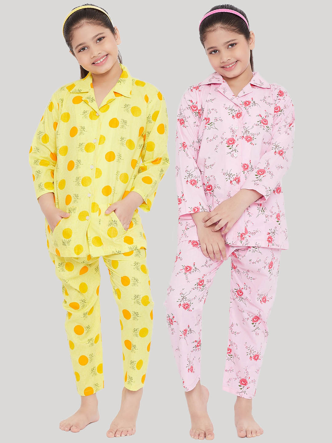 Kydzi Yellow & Pink Printed Rayon Nightsuit (Pack of 2)