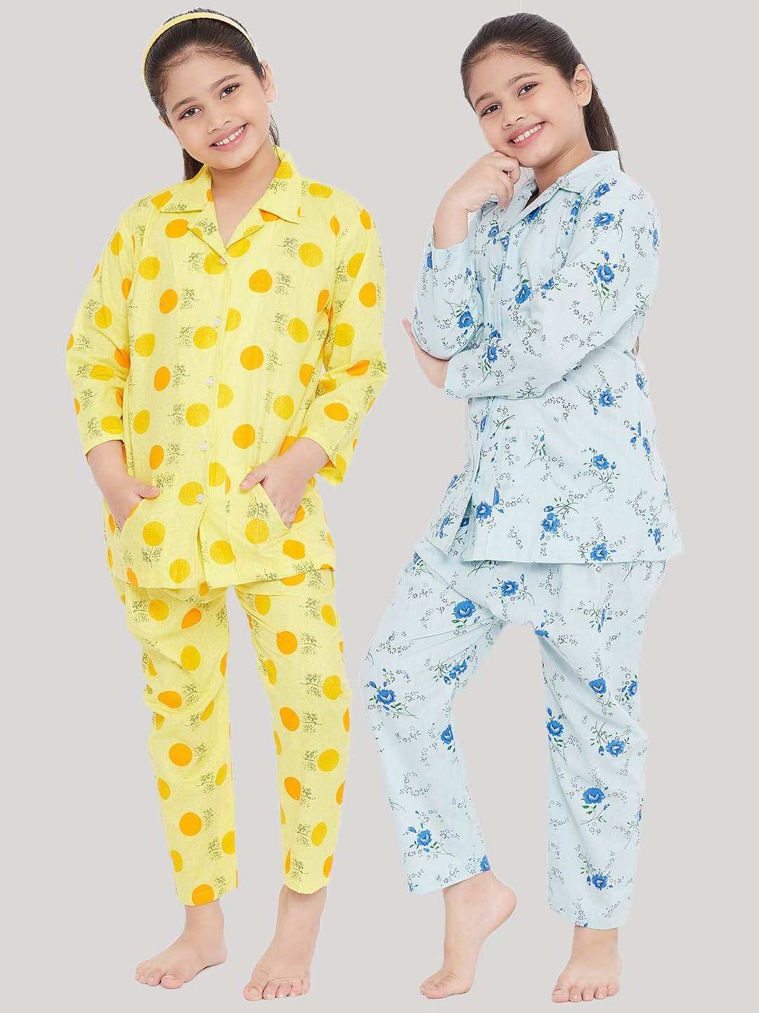 Kydzi Yellow & Blue Printed Rayon Nightsuit (Pack of 2)