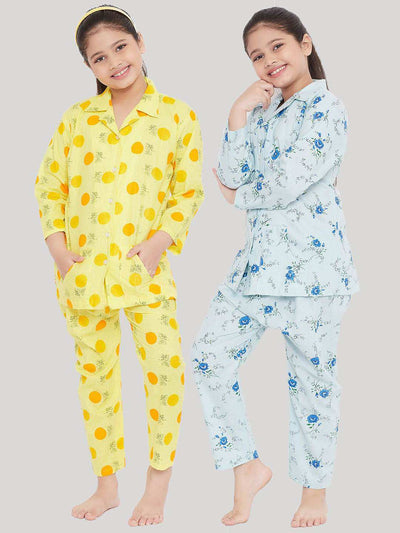 Kydzi Yellow & Blue Printed Rayon Nightsuit (Pack of 2)