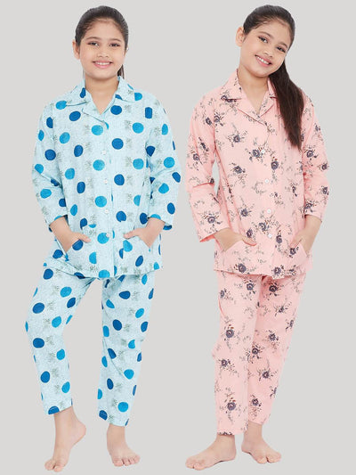 Blue and peach printed rayon nightsuit pack of 2.