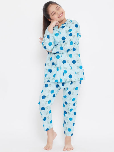 Blue and peach printed rayon nightsuit pack of 2.