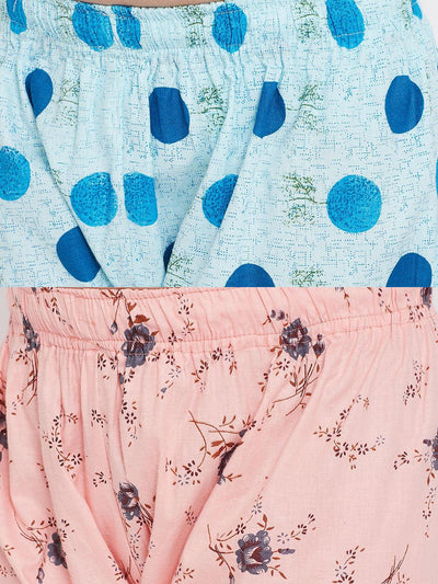 Blue and peach printed rayon nightsuit pack of two with polka dots and floral designs.